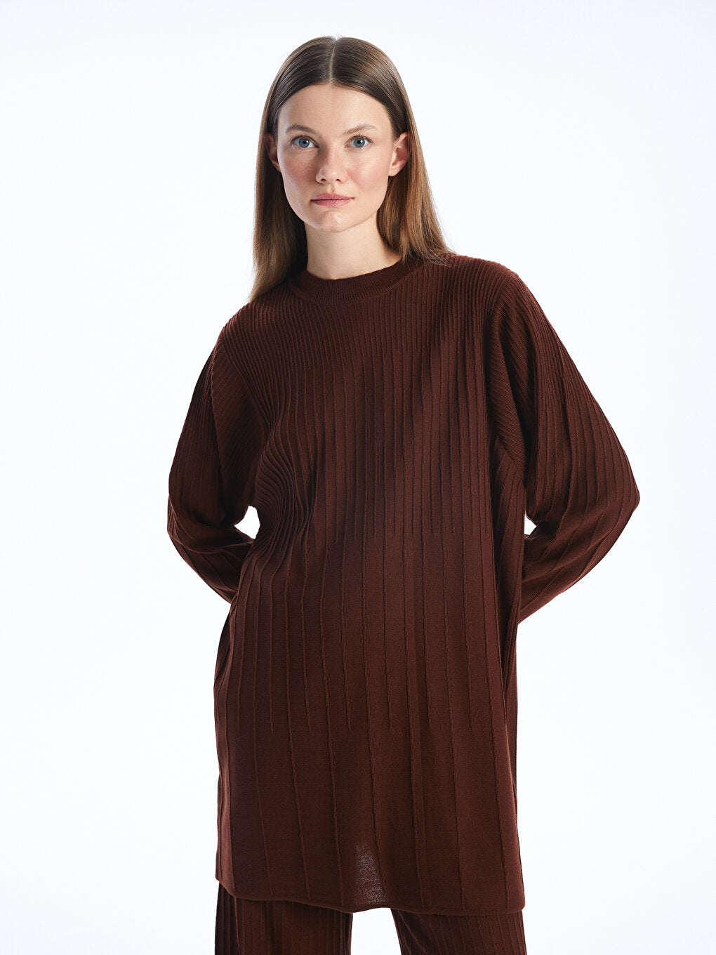 Crew Neck Plain Long Sleeve Women's Knitwear Tunic