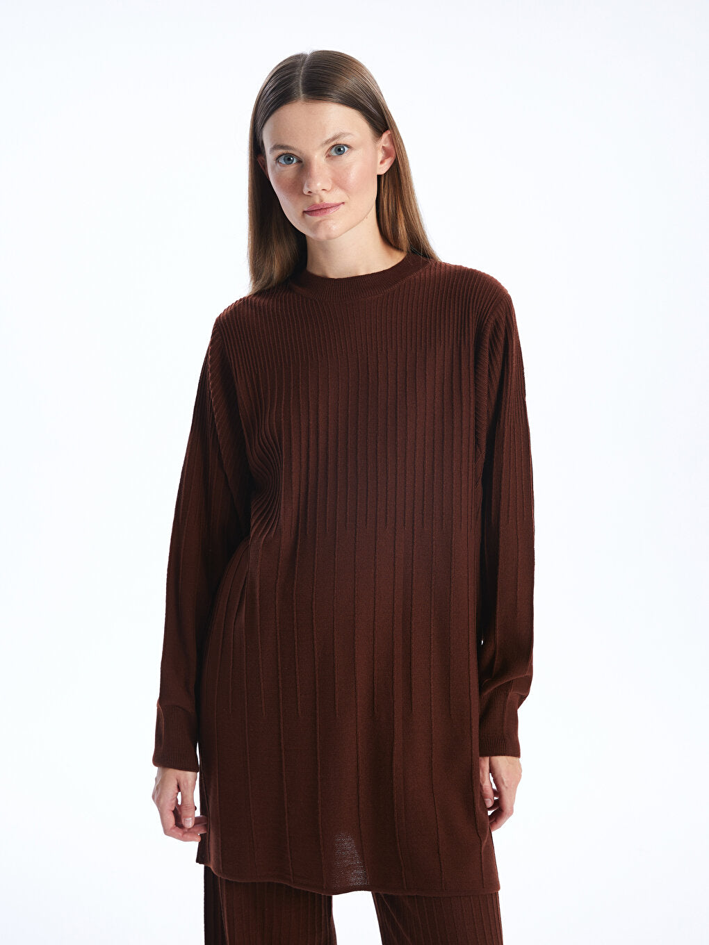 Crew Neck Plain Long Sleeve Women's Knitwear Tunic