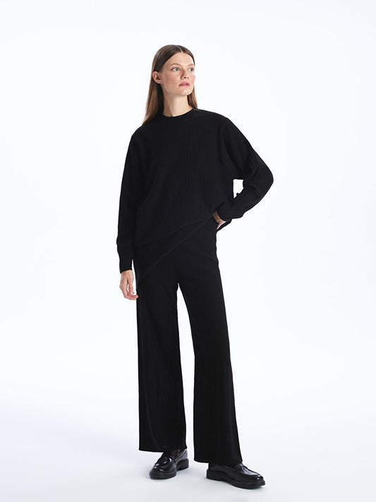 Straight Wide Leg Women's Knitwear Trousers with Elastic Waist