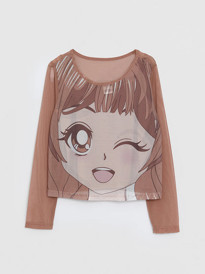 Crew Neck Printed Long Sleeve Girls' T-Shirt