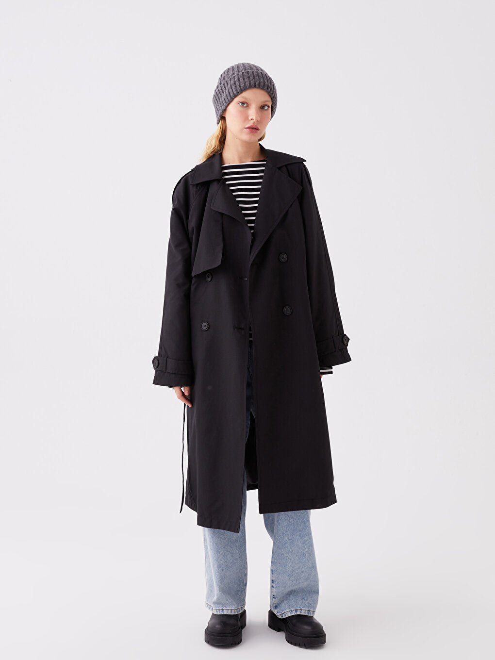 Women's Double Breasted Collar Plain Trench Coat