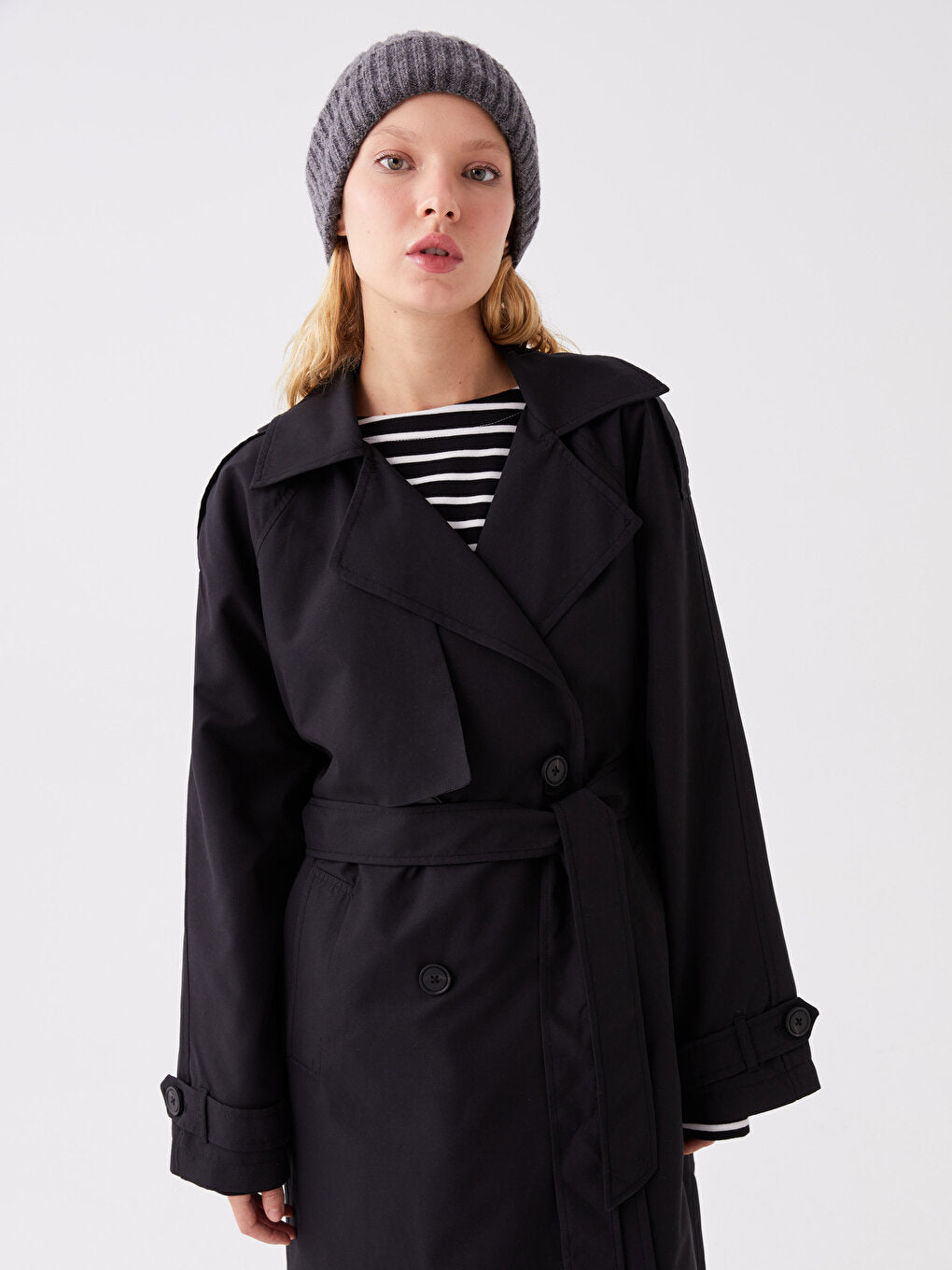 Women's Double Breasted Collar Plain Trench Coat