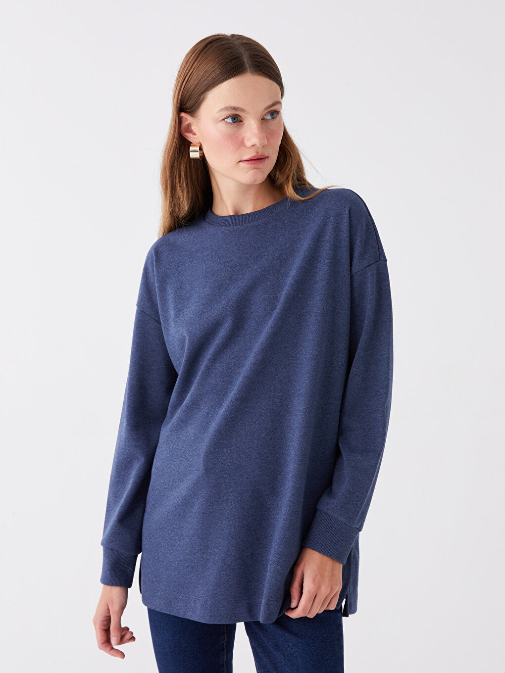 Crew Neck Plain Long Sleeve Oversize Women's Tunic