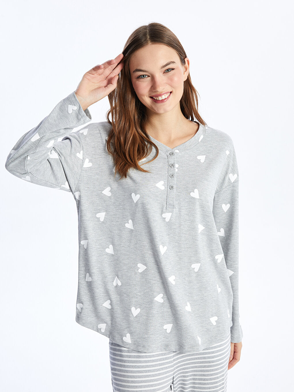 Crew Neck Patterned Long Sleeve Women's Pajama Top