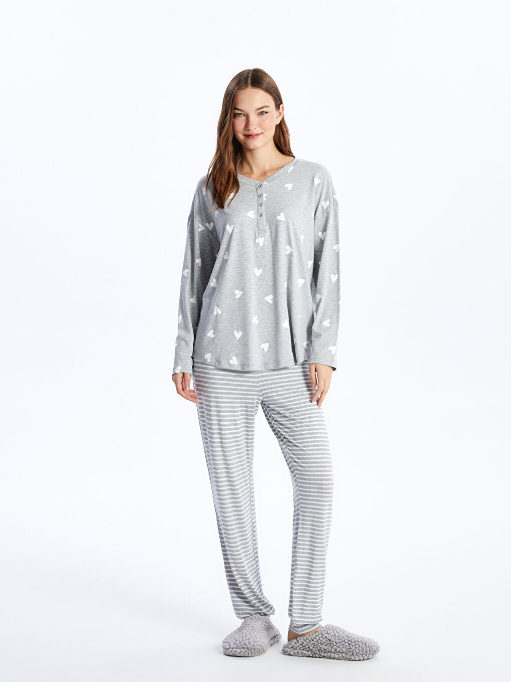 Crew Neck Patterned Long Sleeve Women's Pajama Top