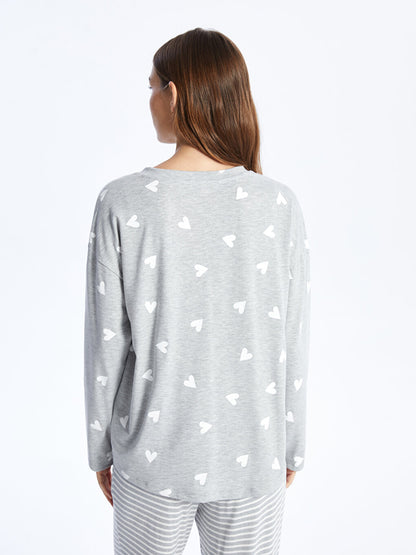 Crew Neck Patterned Long Sleeve Women's Pajama Top