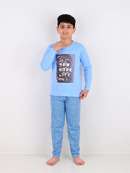 Crew Neck Printed Long Sleeve Boys' Pajama Set