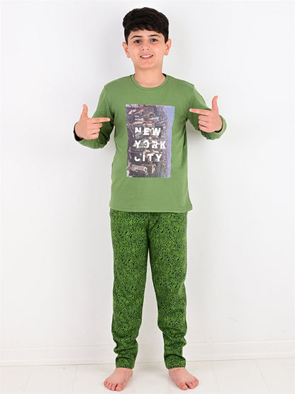 Crew Neck Printed Long Sleeve Boys' Pajama Set