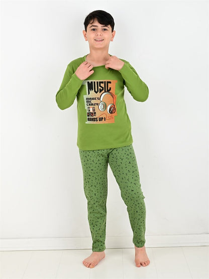 Crew Neck Printed Long Sleeve Boys Pajama Set