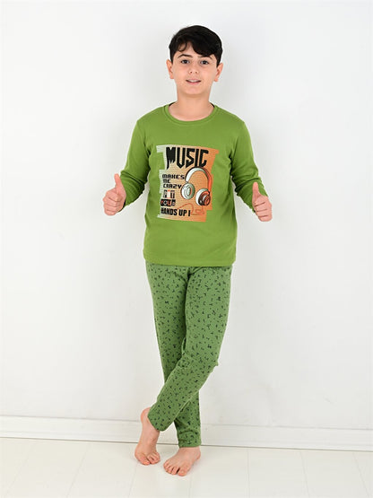 Crew Neck Printed Long Sleeve Boys Pajama Set