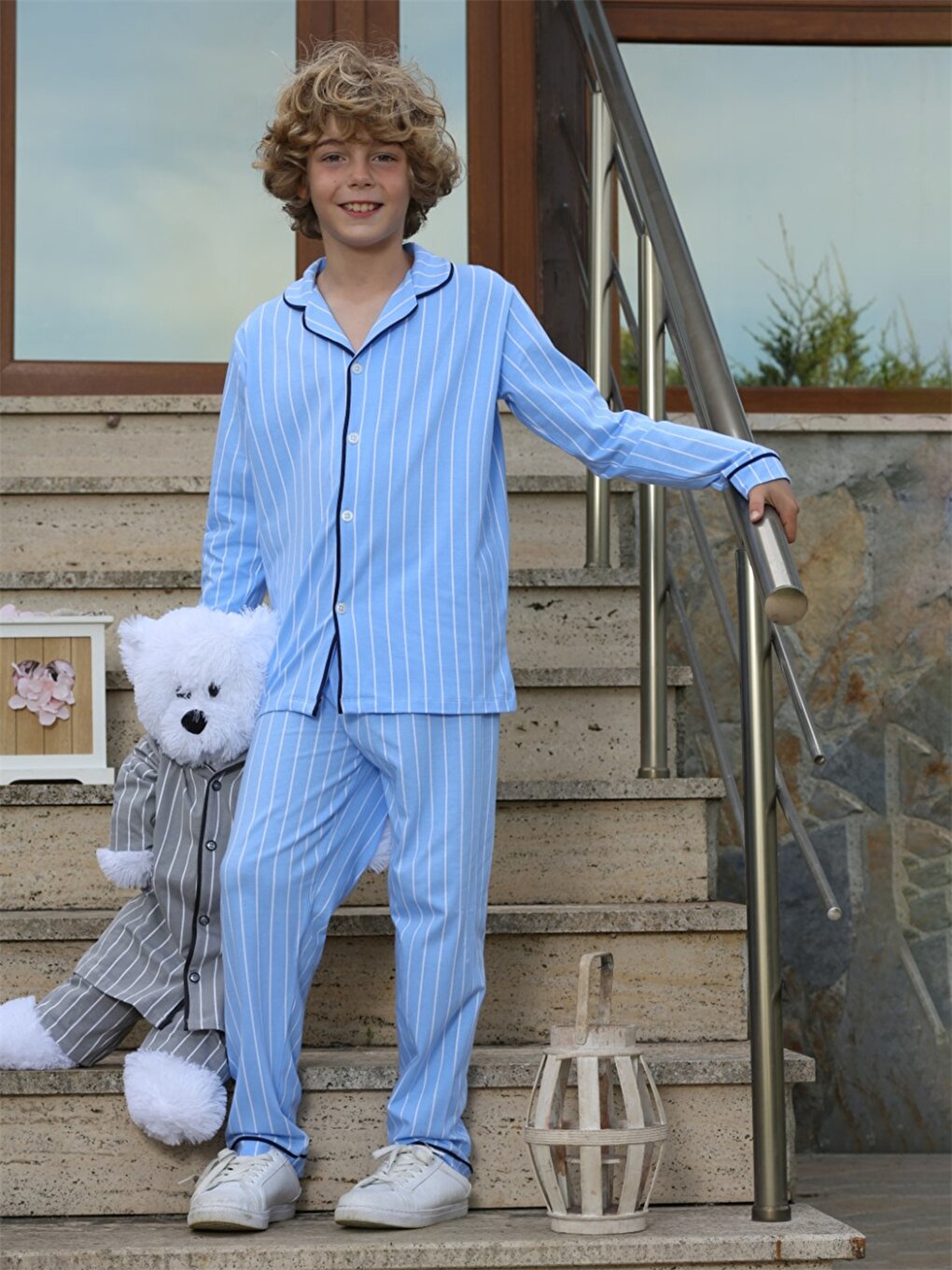 Shirt Collar Striped Long Sleeve Boys Pajama Set