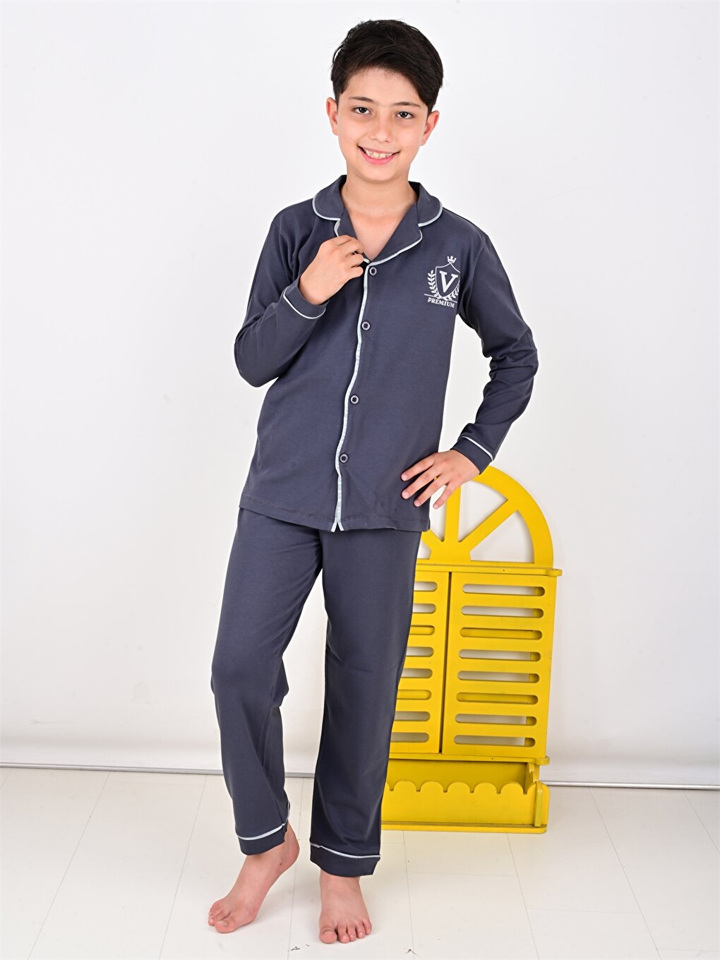 Shirt Collar Printed Long Sleeve Boys Pajama Set