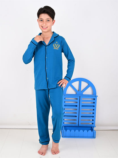 Shirt Collar Printed Long Sleeve Boys Pajama Set