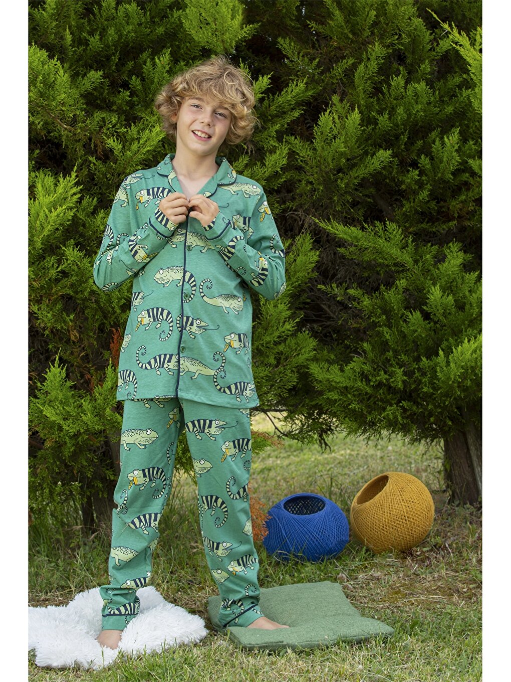 Shirt Collar Printed Long Sleeve Boys Pajama Set