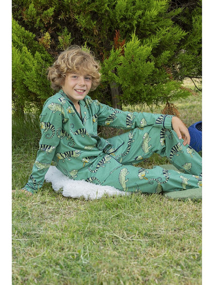 Shirt Collar Printed Long Sleeve Boys Pajama Set