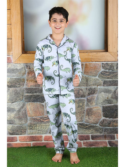 Shirt Collar Printed Long Sleeve Boys Pajama Set