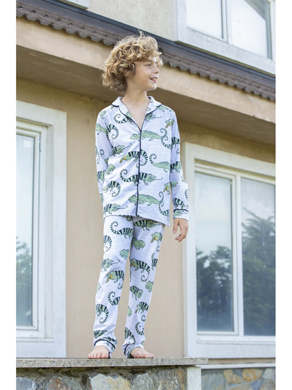 Shirt Collar Printed Long Sleeve Boys Pajama Set