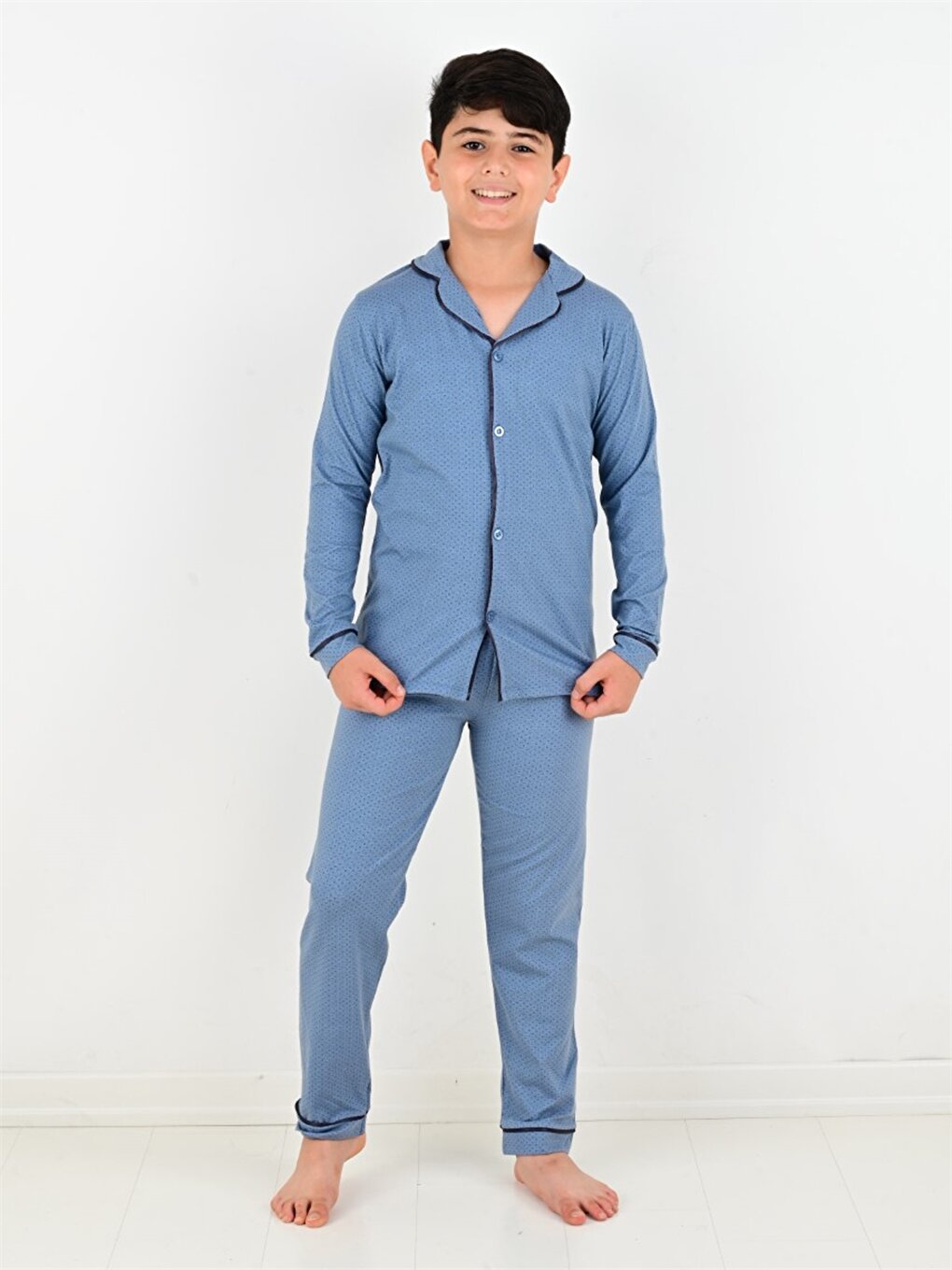 Shirt Collar Printed Long Sleeve Boys Pajama Set