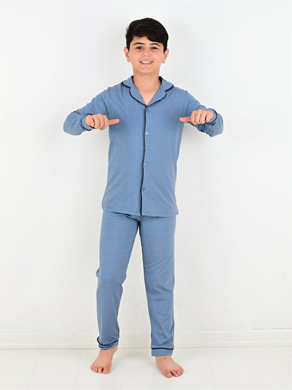 Shirt Collar Printed Long Sleeve Boys Pajama Set