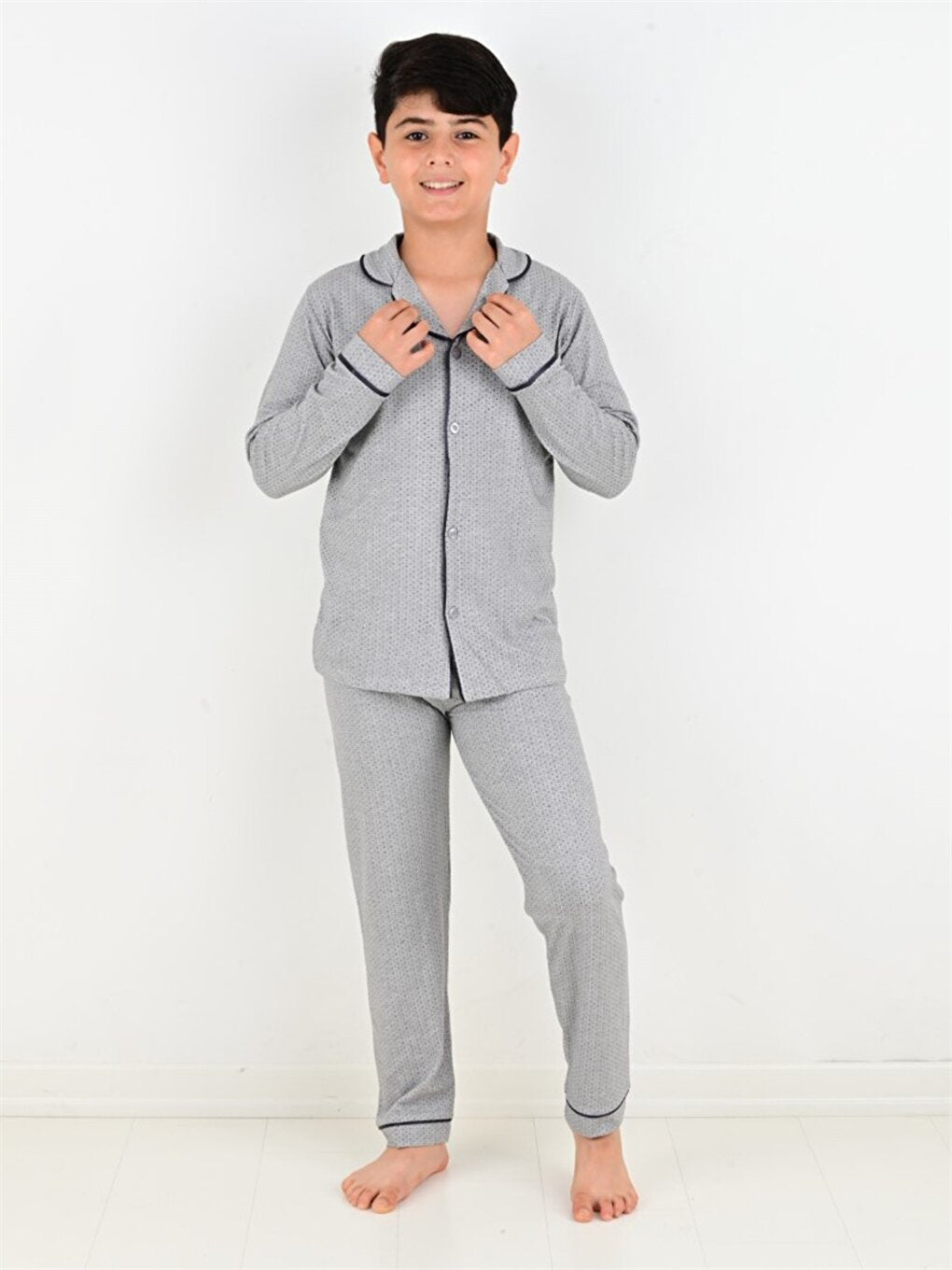 Shirt Collar Printed Long Sleeve Boys Pajama Set