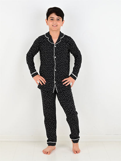 Shirt Collar Printed Long Sleeve Boys Pajama Set