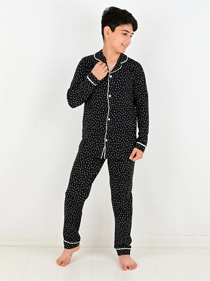 Shirt Collar Printed Long Sleeve Boys Pajama Set