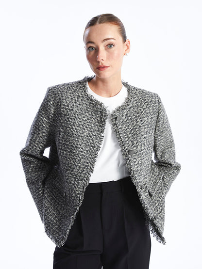 Crew Neck Self-patterned Long Sleeve Women's Tweed Jacket