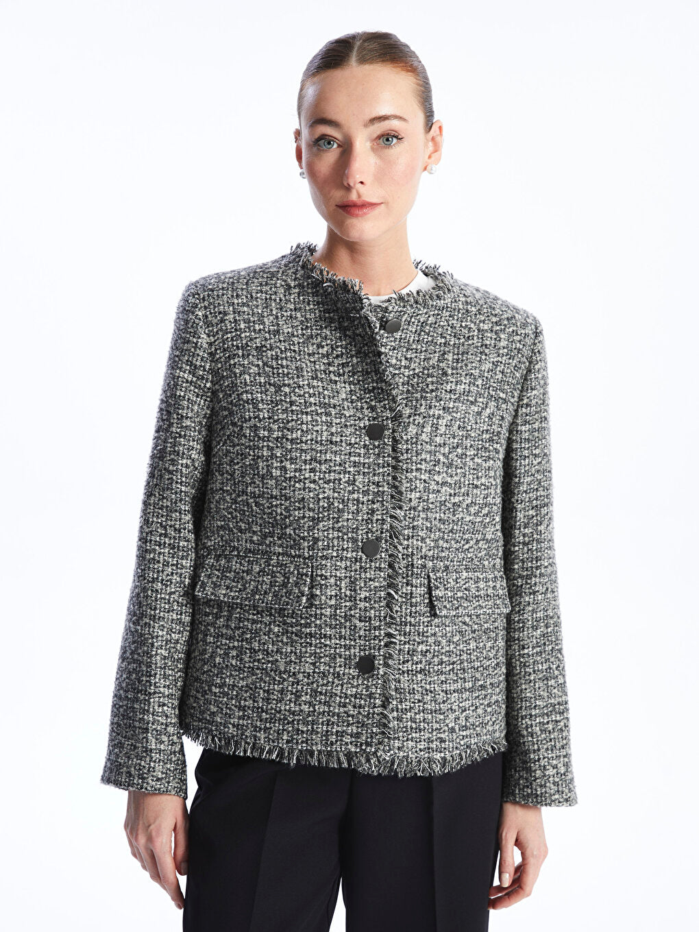 Crew Neck Self-patterned Long Sleeve Women's Tweed Jacket