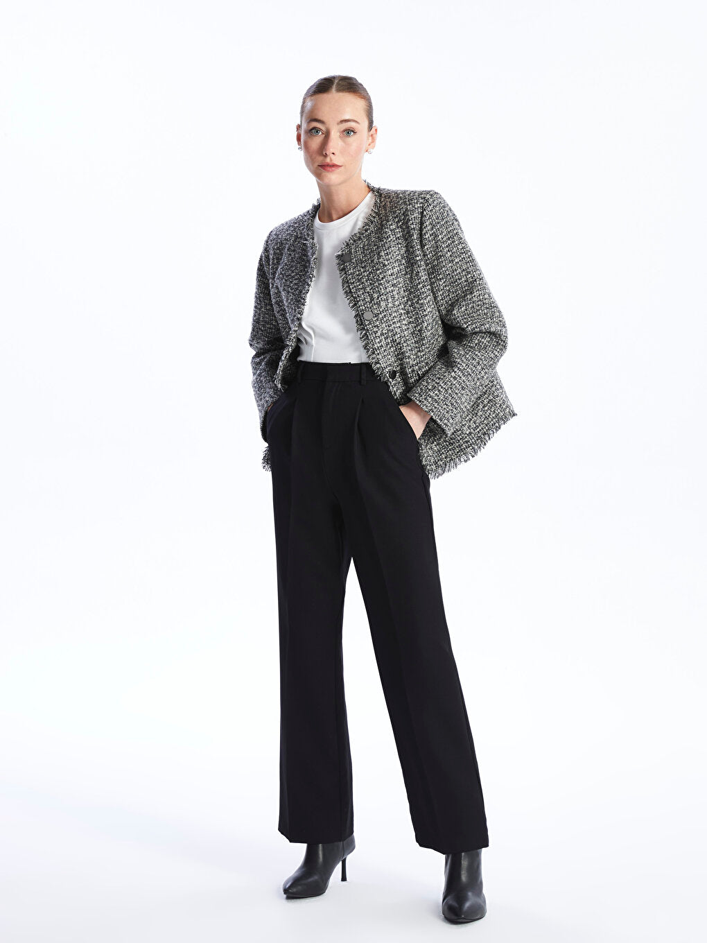 Crew Neck Self-patterned Long Sleeve Women's Tweed Jacket