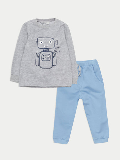 Crew Neck Long Sleeve Printed Baby Boy 2 Piece Set