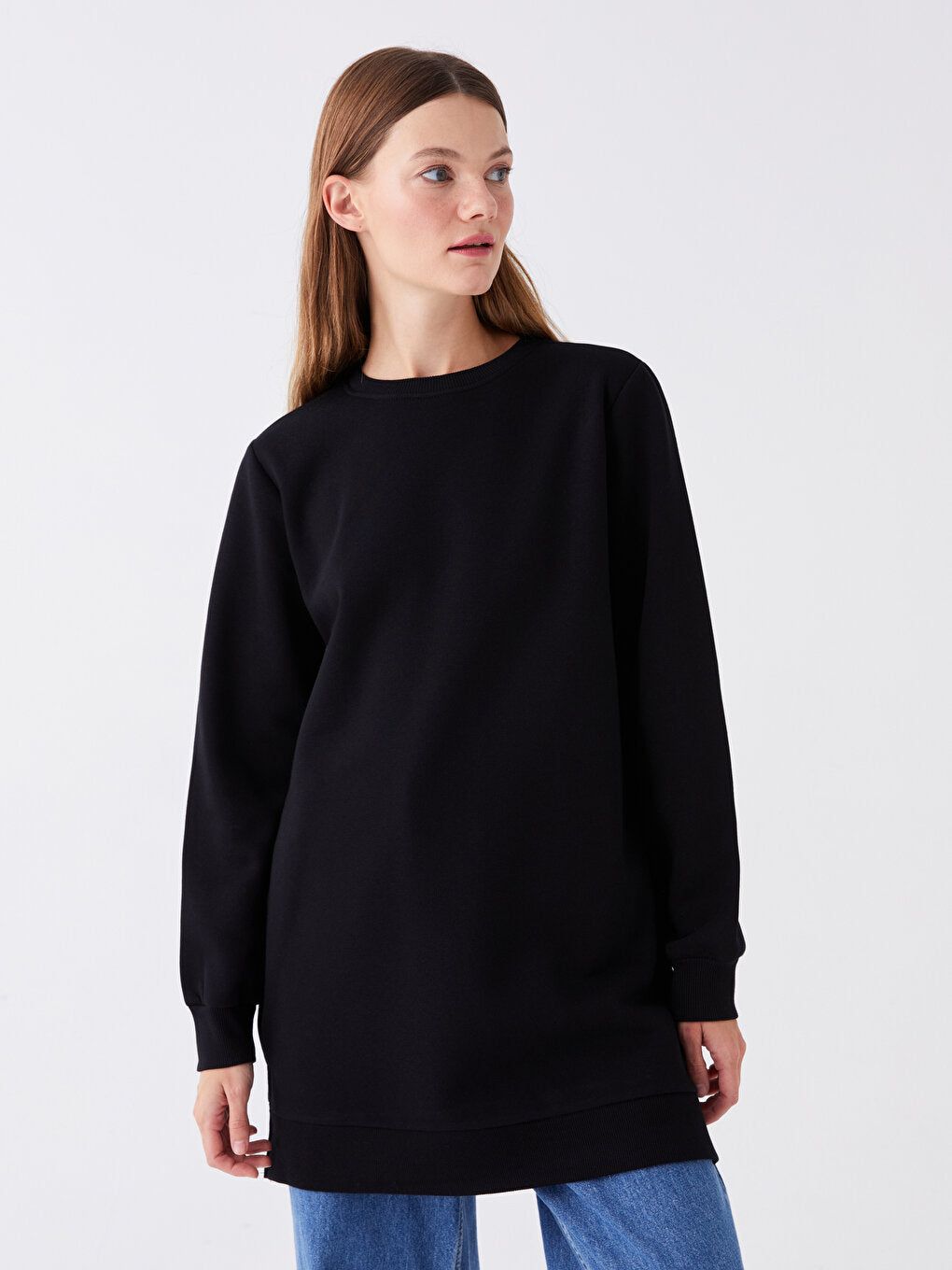 Crew Neck Plain Long Sleeve Women's Sweatshirt Tunic