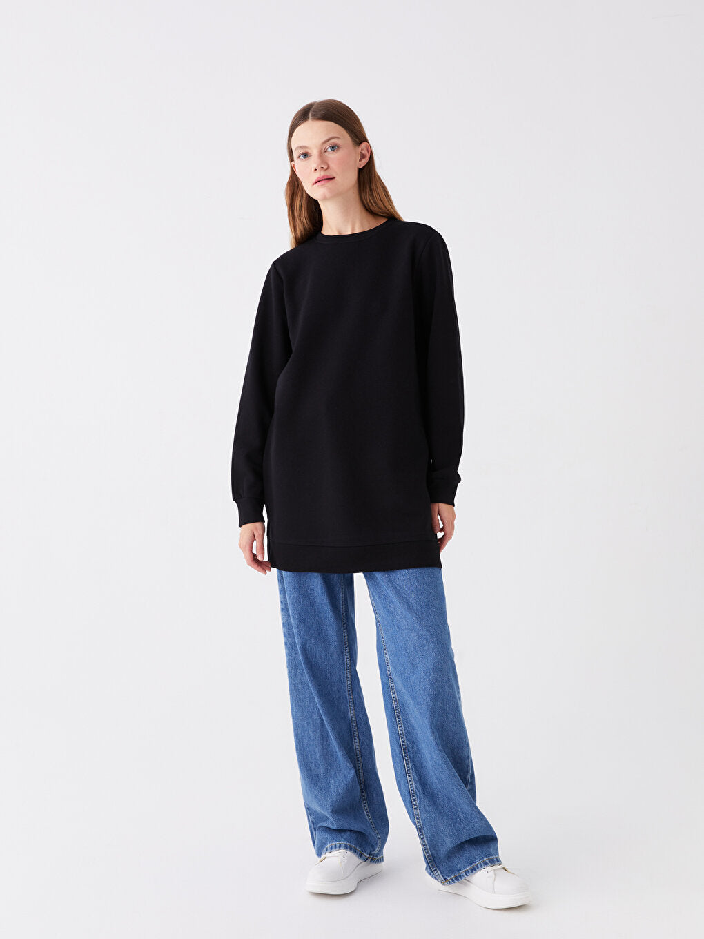 Crew Neck Plain Long Sleeve Women's Sweatshirt Tunic