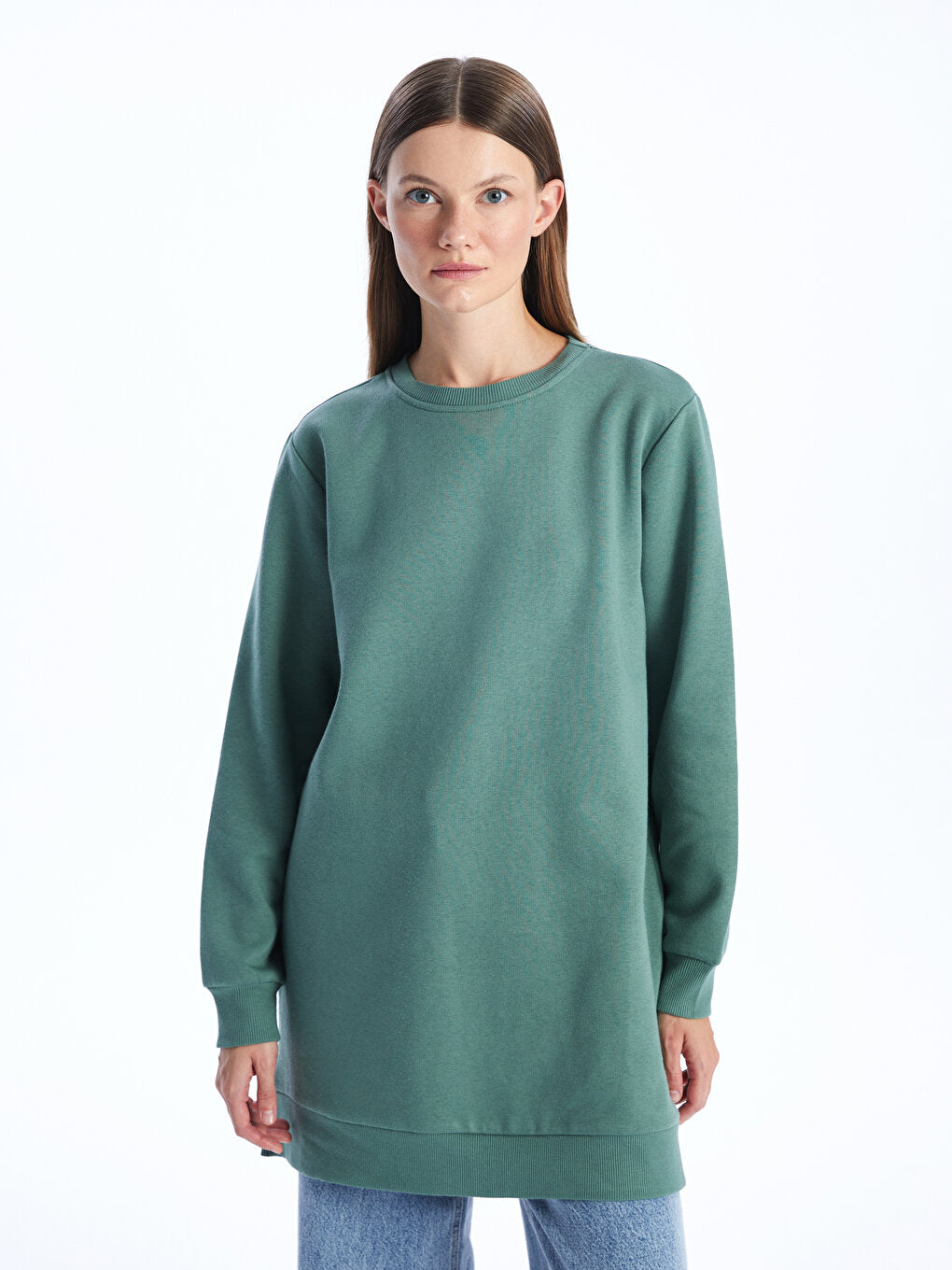 Crew Neck Plain Long Sleeve Women's Sweatshirt Tunic