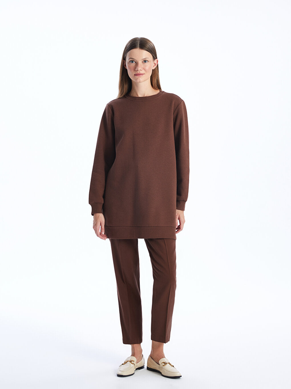 Crew Neck Plain Long Sleeve Women's Sweatshirt Tunic