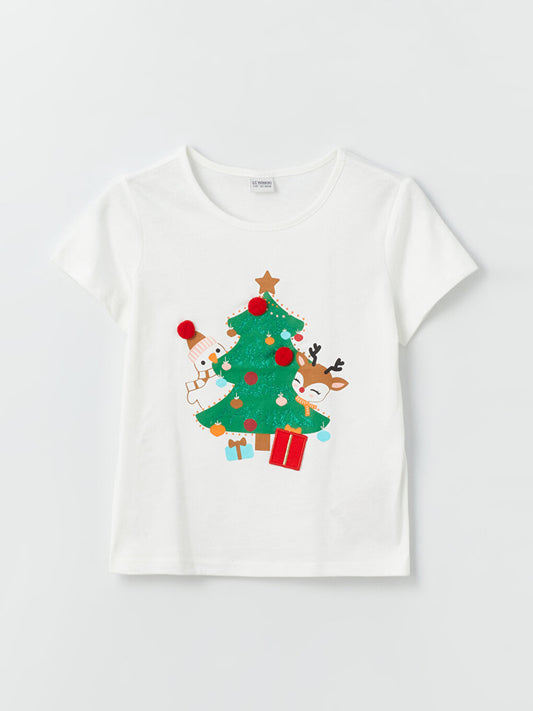 Crew Neck New Year Themed Short Sleeve Girls' T-Shirt