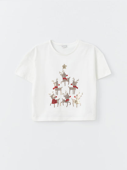 Crew Neck New Year Themed Short Sleeve Girls' T-Shirt