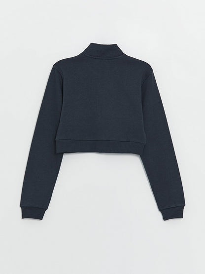 High Collar Plain Long Sleeve Crop Women's Zipper Sweatshirt