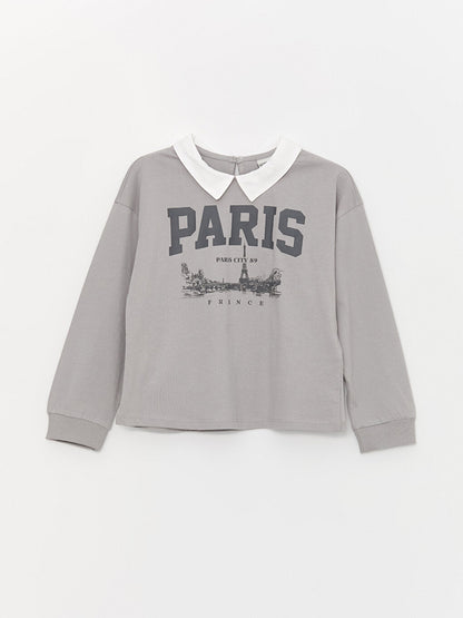 Shirt Collar Printed Long Sleeve Girl's T-shirt