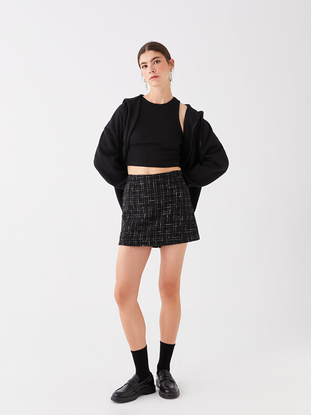 Plaid Women's Tweed Shorts Skirt with Elastic Waist