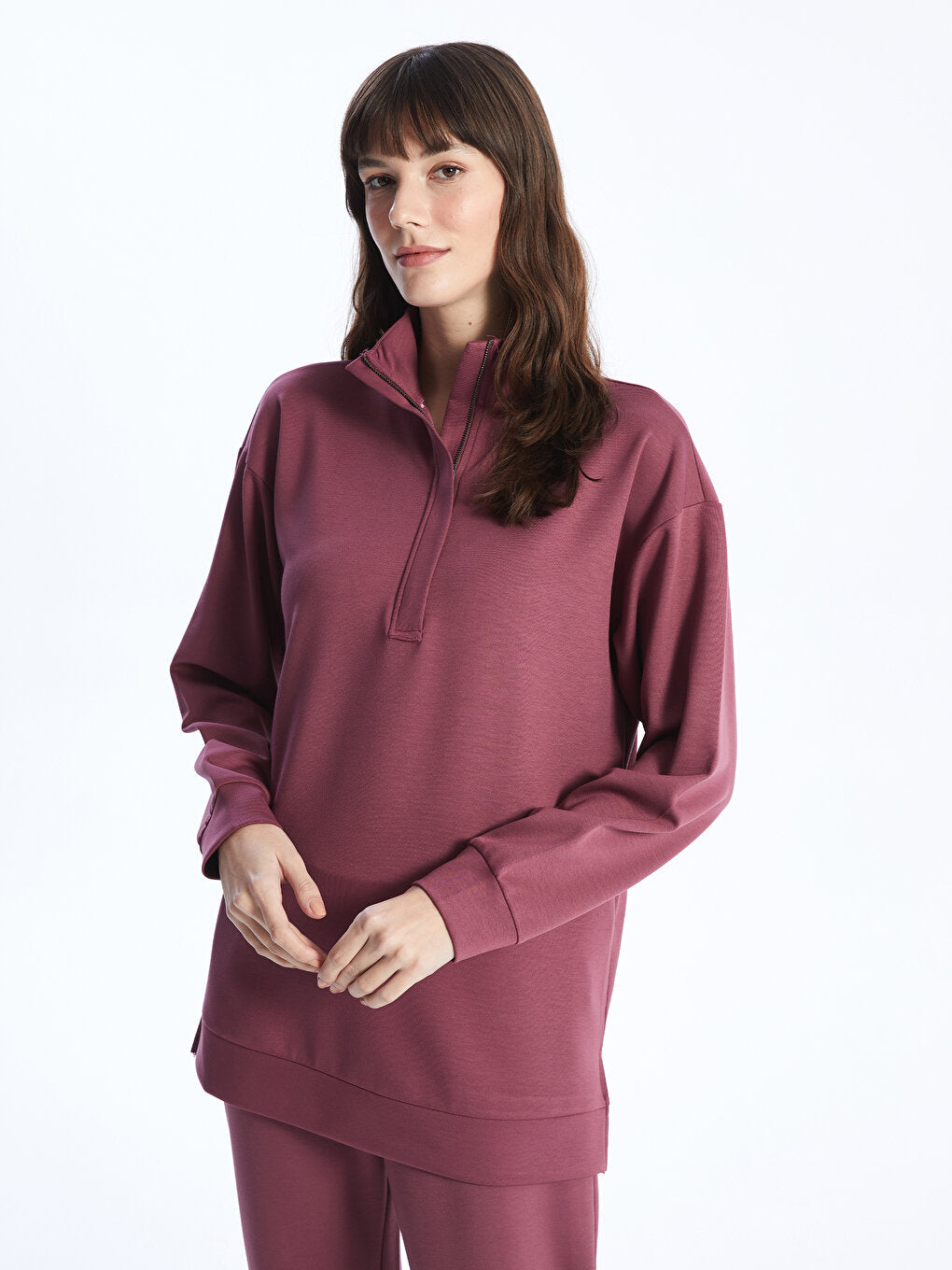 High Collar Plain Long Sleeve Women's Tunic