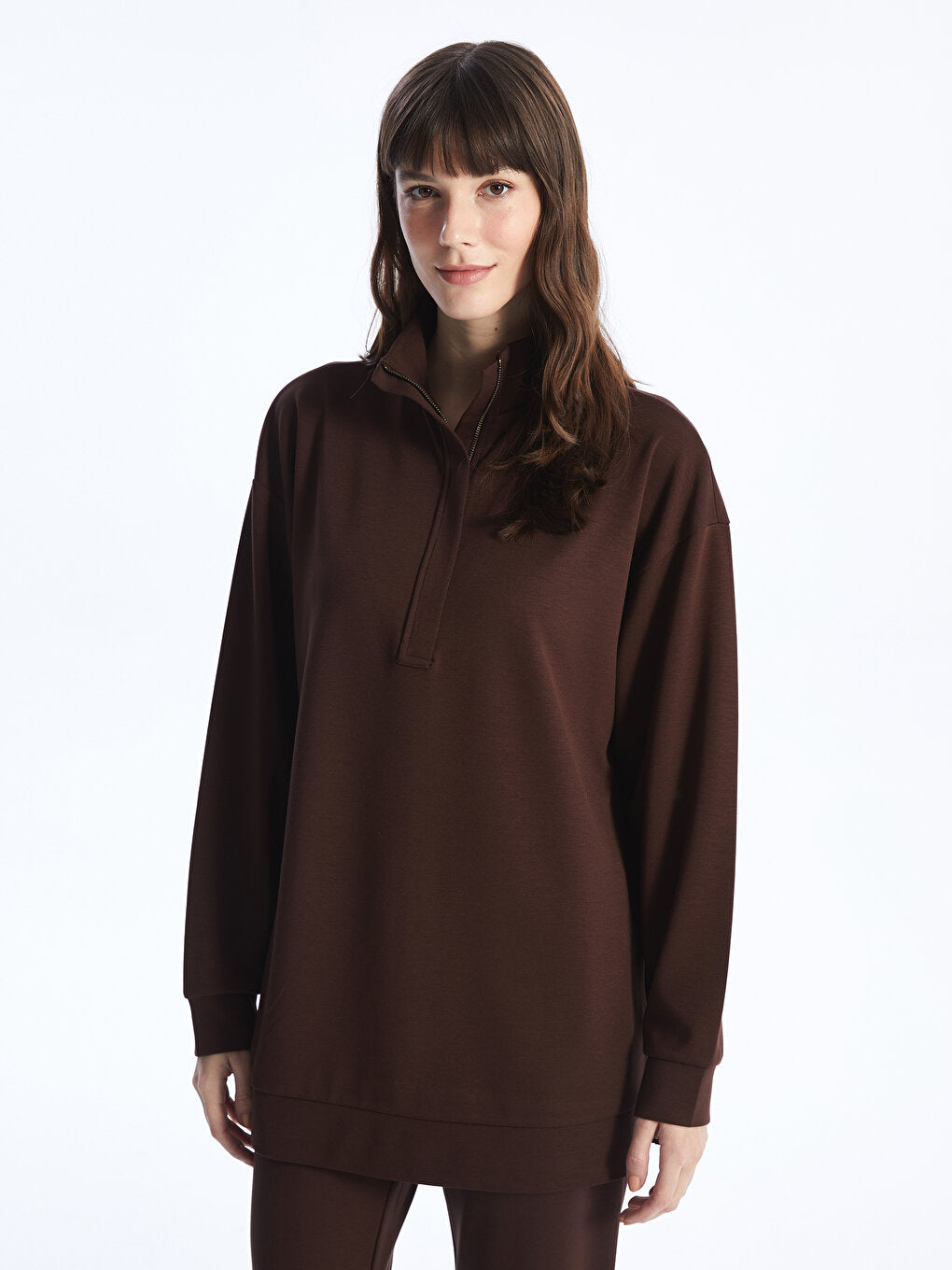 High Collar Plain Long Sleeve Women's Tunic