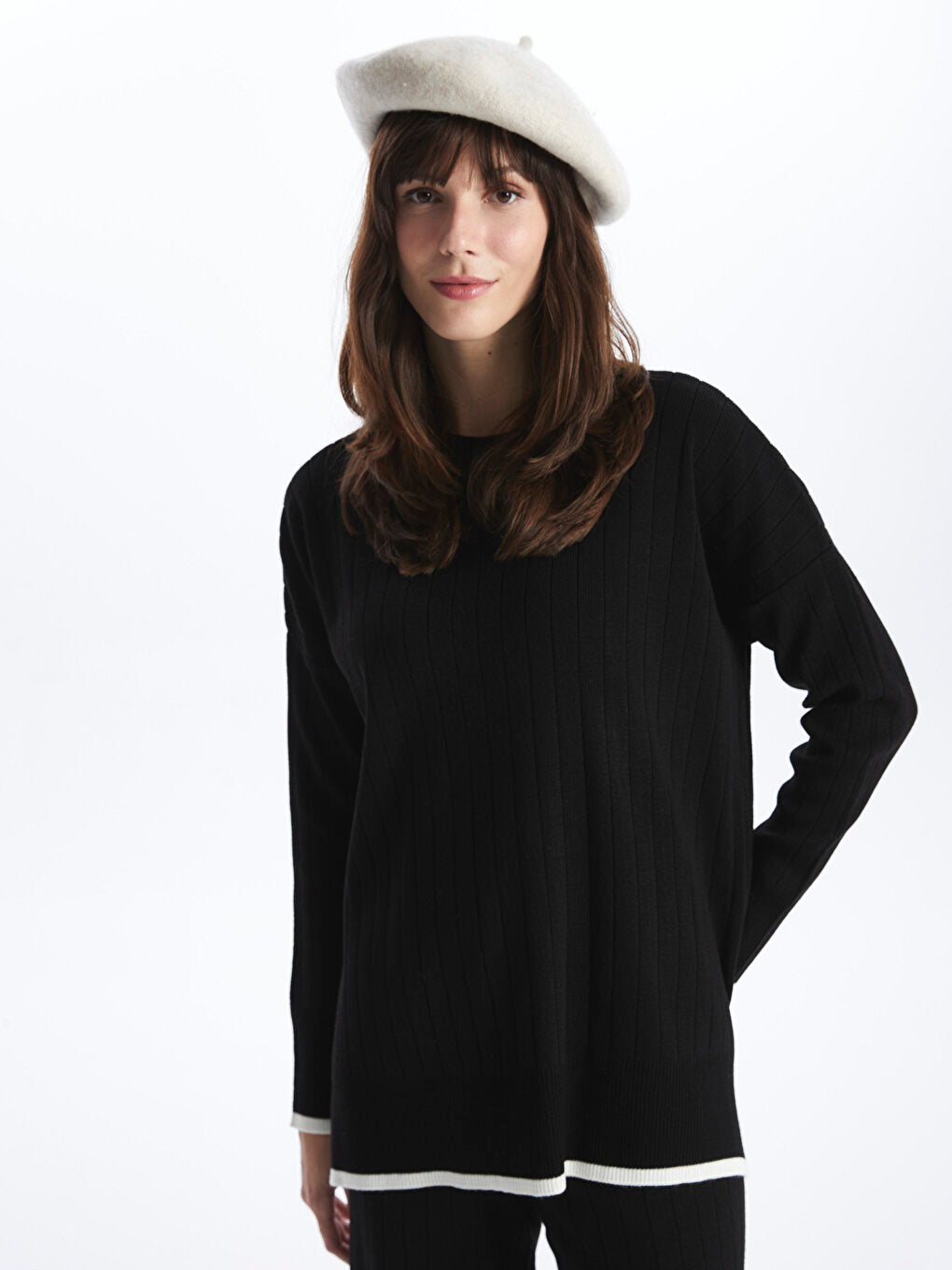 Crew Neck Plain Long Sleeve Oversize Women's Knitwear Tunic