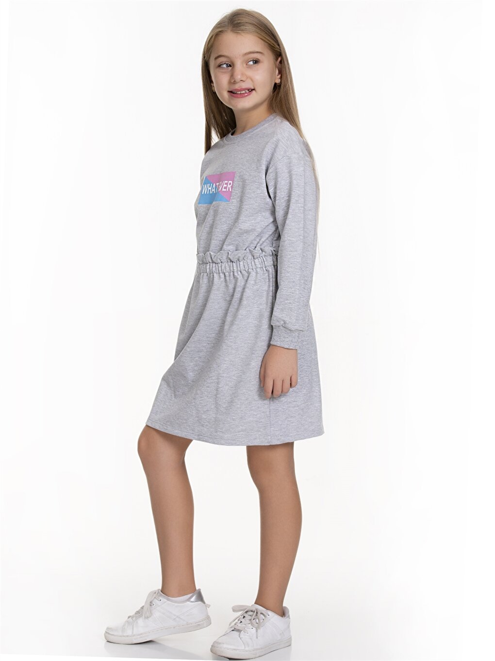 Crew Neck Patterned Long Sleeve Girl's Dress