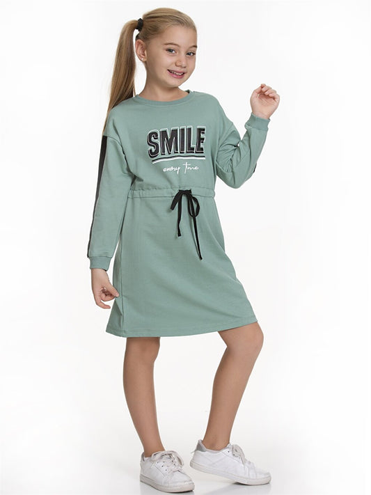 Crew Neck Patterned Long Sleeve Girl's Dress