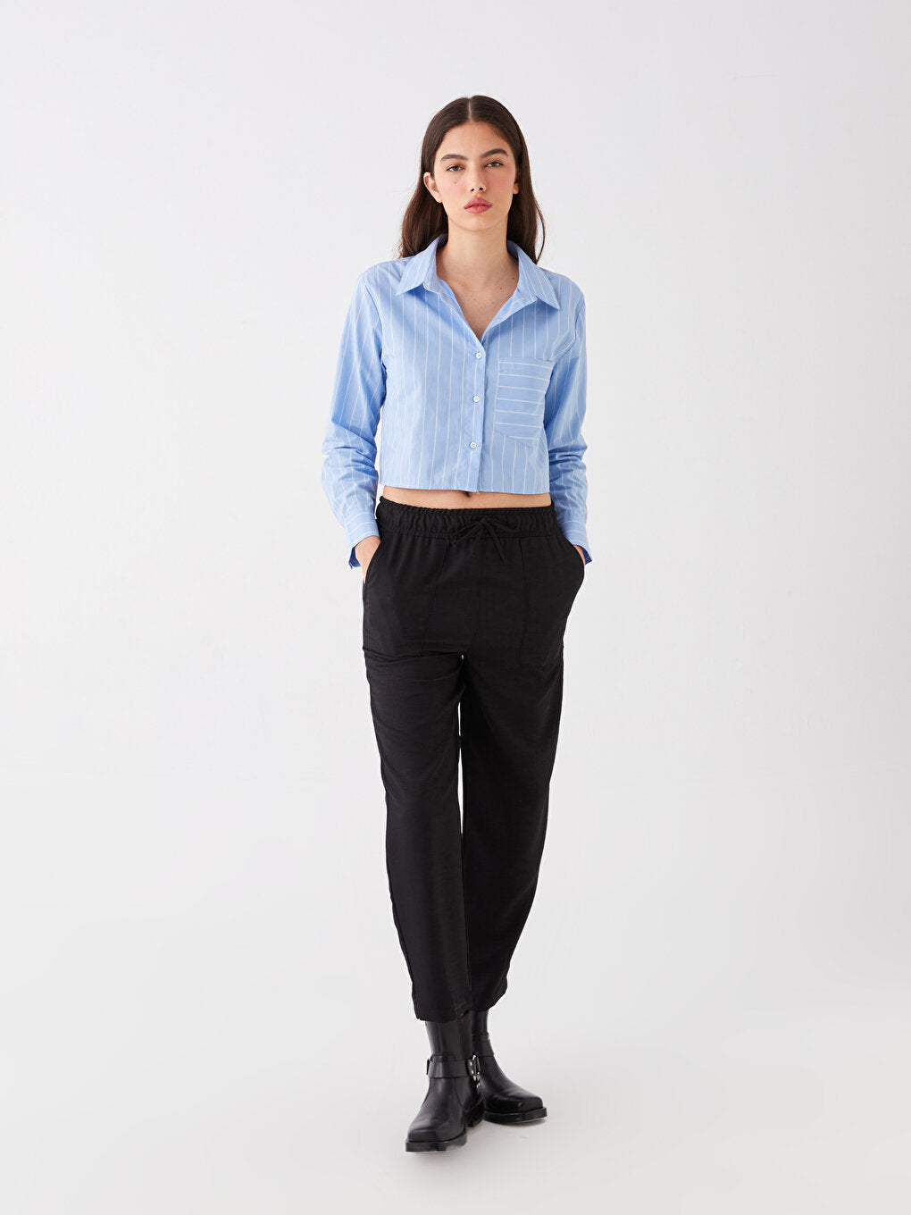 Straight Linen Look Women's Trousers with Elastic Waist