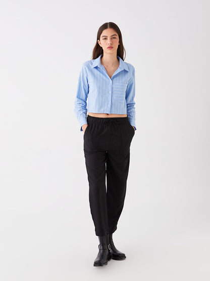 Straight Linen Look Women's Trousers with Elastic Waist