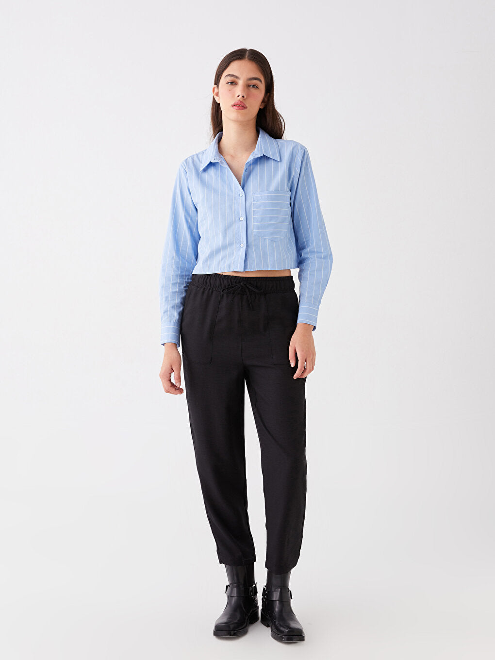 Straight Linen Look Women's Trousers with Elastic Waist