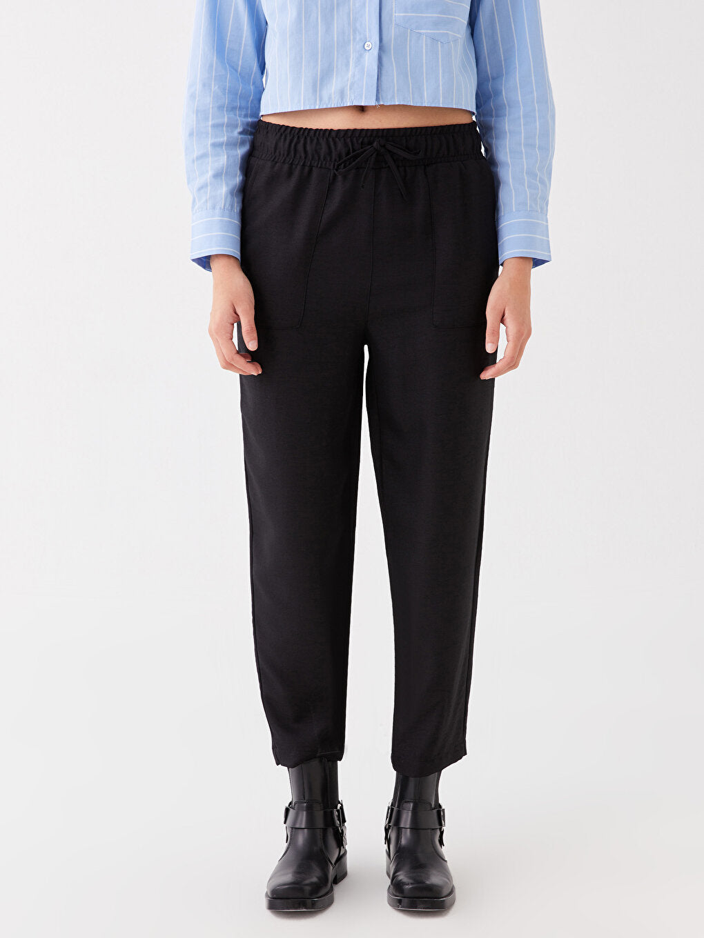 Straight Linen Look Women's Trousers with Elastic Waist