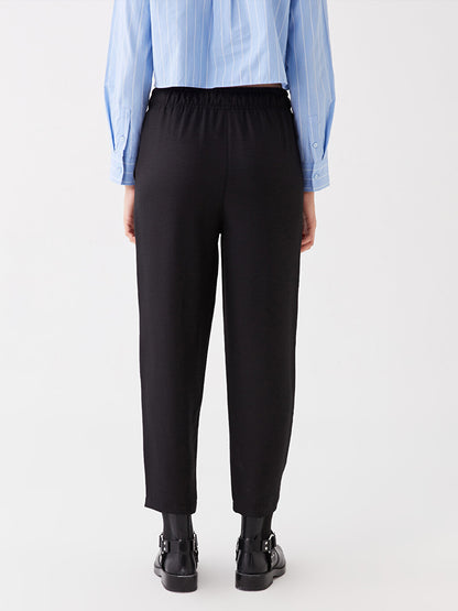 Straight Linen Look Women's Trousers with Elastic Waist