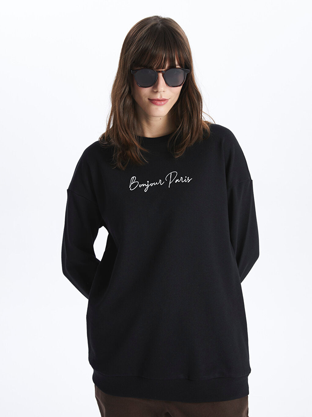 Crew Neck Embroidered Long Sleeve Women's Sweatshirt Tunic